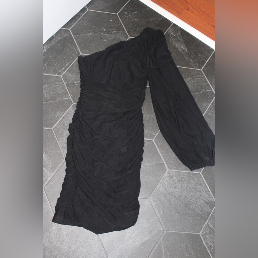 ANRABESS Black One Shoulder Ruched Bodycon Mini Dress Puff Sleeve Small - Picture 3 of 6